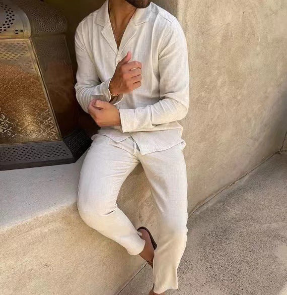 Beige cotton long sleeve lapel shirt and slim fit pants set for men by My Store, perfect for autumn business casual wear.