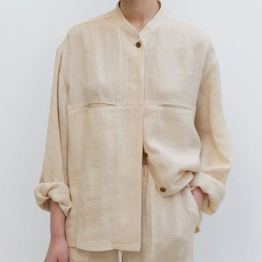 White pure linen pocket shirt by Alabaster, featuring a casual-elegant style in breathable fabric.