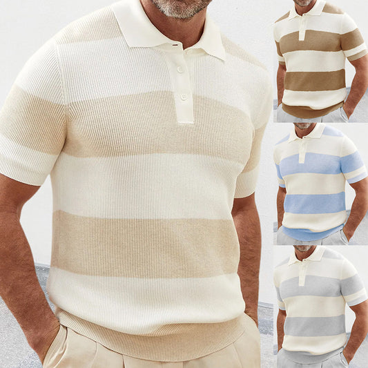 Grey striped knit polo shirt with acrylic lapel collar and short sleeves by My Store