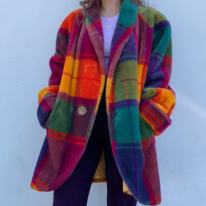Rainbow plaid oversized button coat with colorful lapels by Alabaster, available in sizes S, M, L.