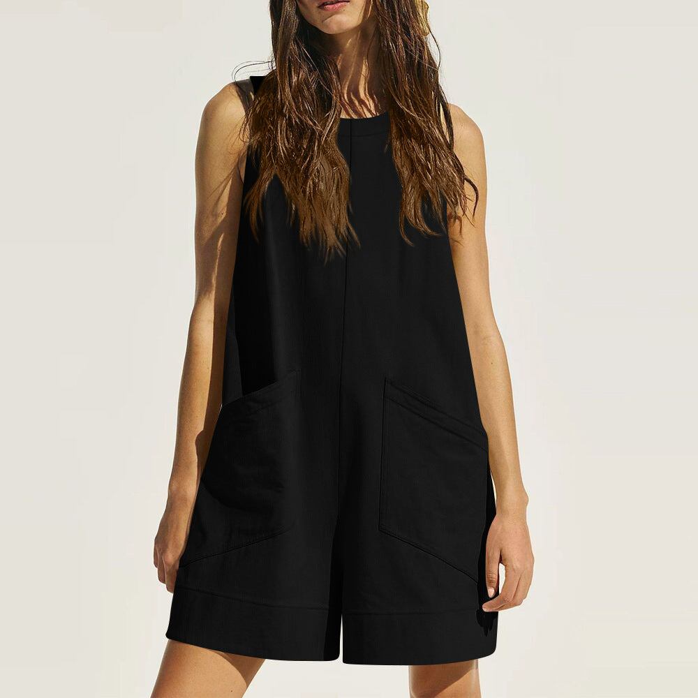 Cotton Sleeveless Pocket Jumpsuit - Loose Fit Wide Waist Romper