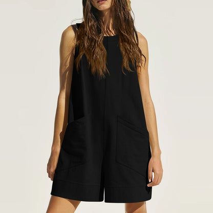 Cotton Sleeveless Pocket Jumpsuit - Loose Fit Wide Waist Romper