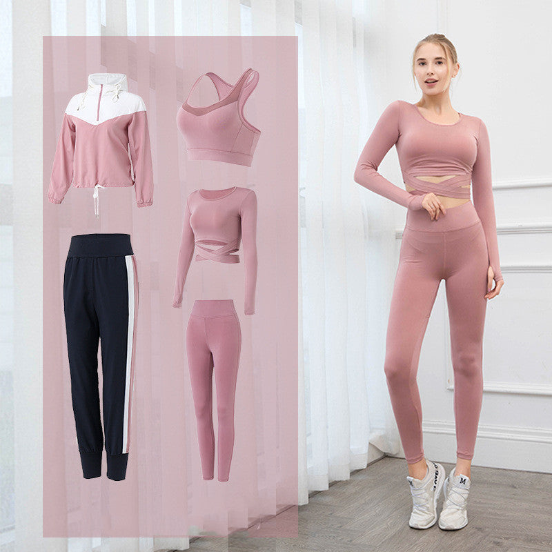 Alabaster women's 5-piece black quick-dry yoga and fitness suit with breathable fabric and athletic jacket