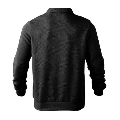 Textured black jacquard half-zip polo sweatshirt by My Store, featuring long sleeves and casual style.