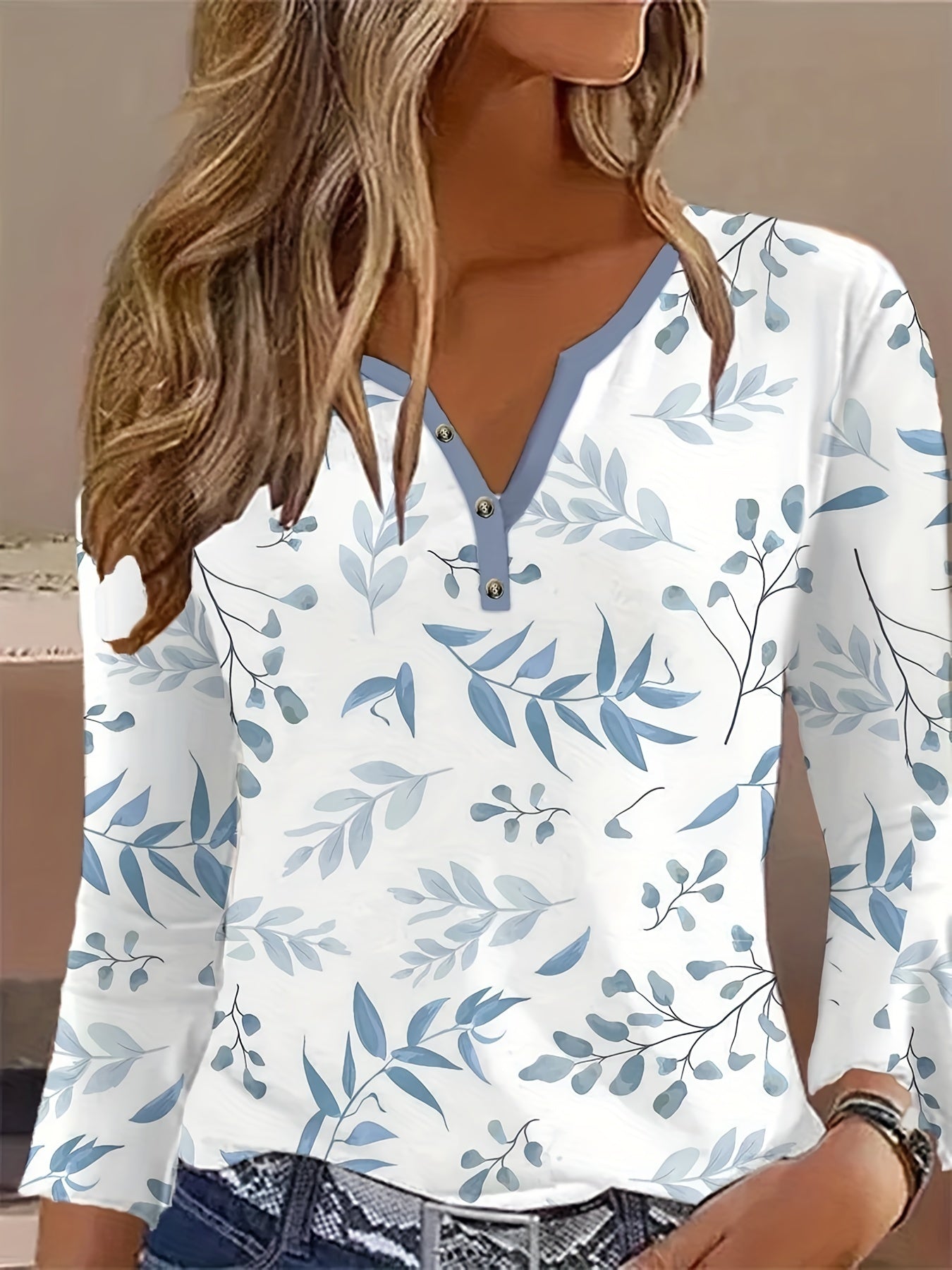 Blue and white botanical leaf print long sleeve tee with button front by Alabaster