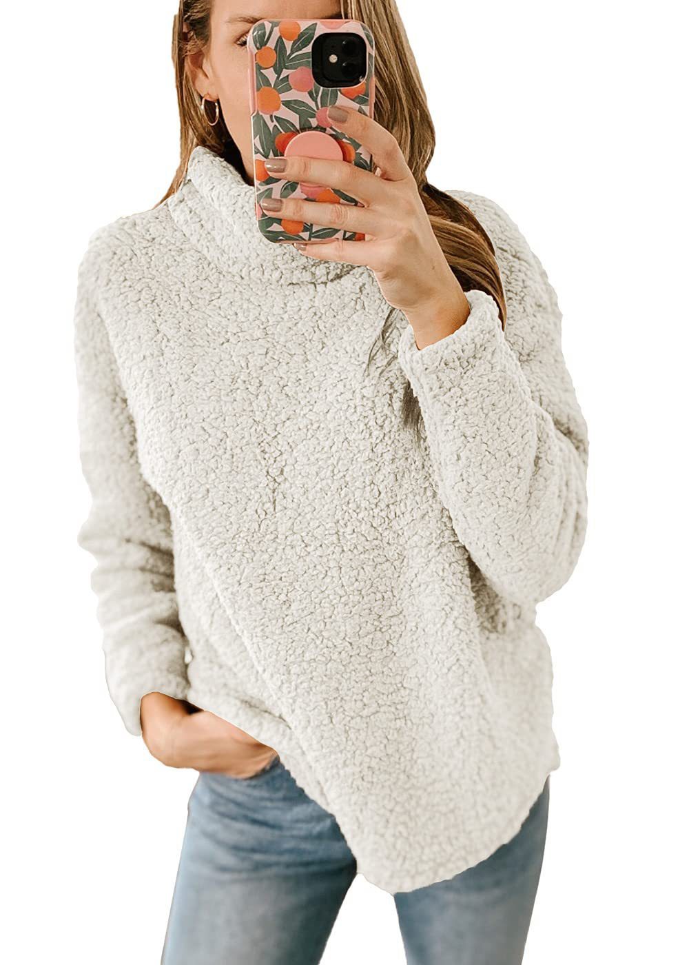 Light gray thick polar fleece turtleneck pullover by Alabaster, featuring a high collar for winter warmth.