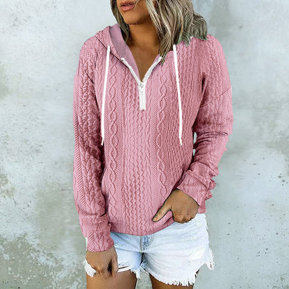 White cable knit zip-up hoodie with drawstring hood for women by Alabaster