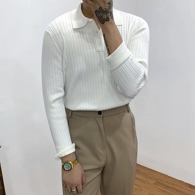 Textured Long Sleeve Polo Shirt - Slim Fit Ribbed Knit Polyester