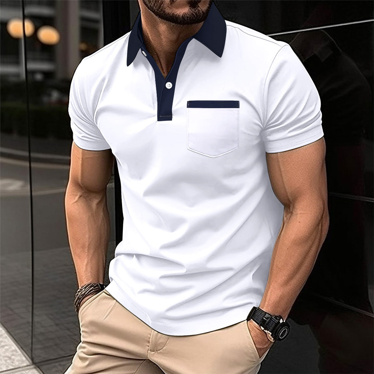 Yellow slim fit men's cotton blend polo shirt with lapel collar and chest pocket