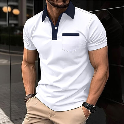 Yellow slim fit men's cotton blend polo shirt with lapel collar and chest pocket