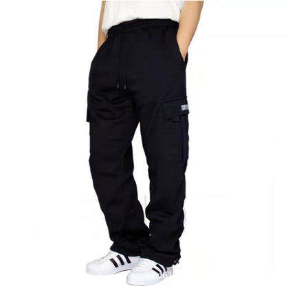 Red elastic waist cargo joggers from My Store, featuring breathable fabric and a casual athletic style.