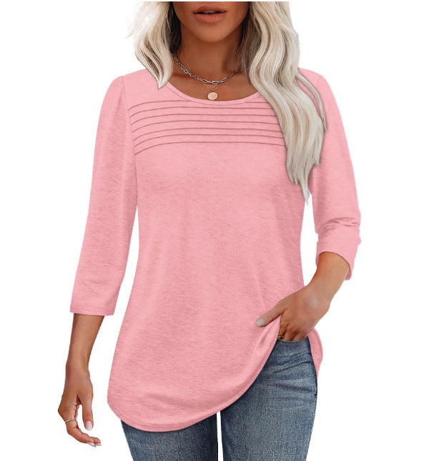 Soft Pleated 3/4 Sleeve Top - Polyester Blend Round Neck Pullover