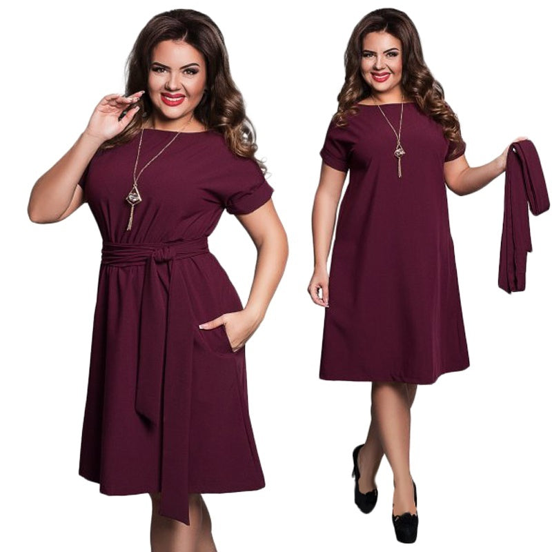 Dark blue soft drape A-line plus size midi dress with belt by Alabaster