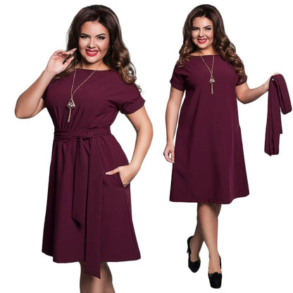 Dark blue soft drape A-line plus size midi dress with belt by Alabaster