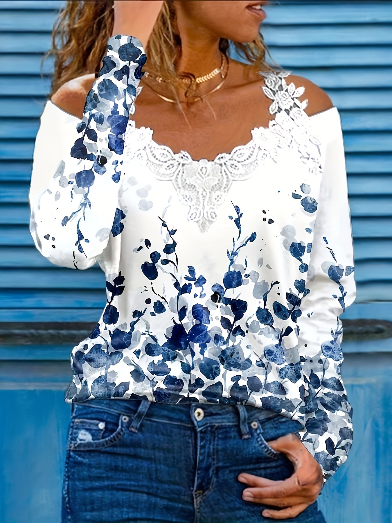 Navy and white watercolor floral off-shoulder lace top with long sleeves by Alabaster