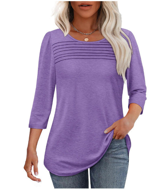 Soft Pleated 3/4 Sleeve Top - Polyester Blend Round Neck Pullover