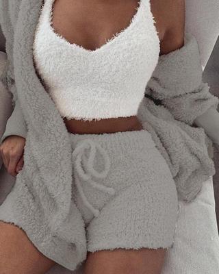 Ultra-Soft Velvet Pajama Set - 3-Piece Cropped Tank Shorts Cardigan
