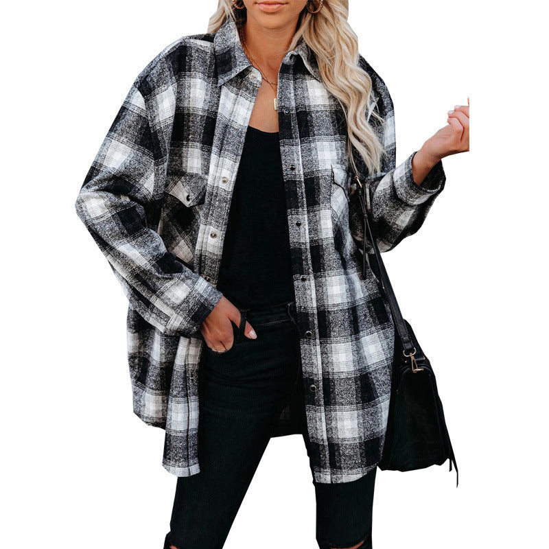 Alabaster plaid mid-length shirt jacket in black, perfect for casual fall layering.