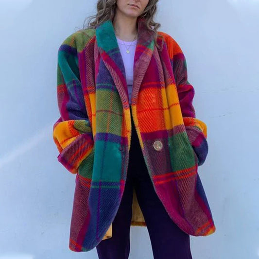 Rainbow plaid oversized button coat with colorful lapels by Alabaster, available in sizes S, M, L