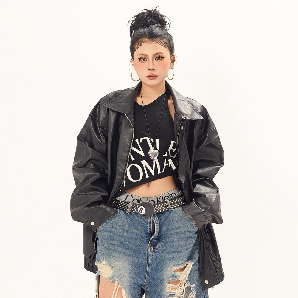 Black oversized punk moto PU leather jacket with button closure by Alabaster