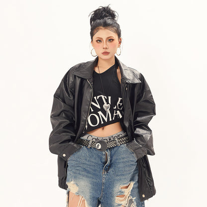 Black oversized punk moto PU leather jacket with button closure by Alabaster