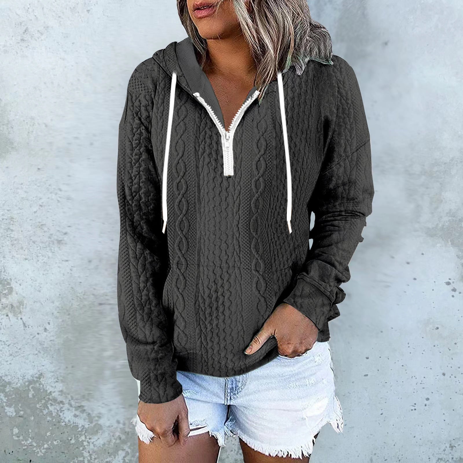 White cable knit zip-up hoodie with drawstring hood, women’s casual wear by Alabaster