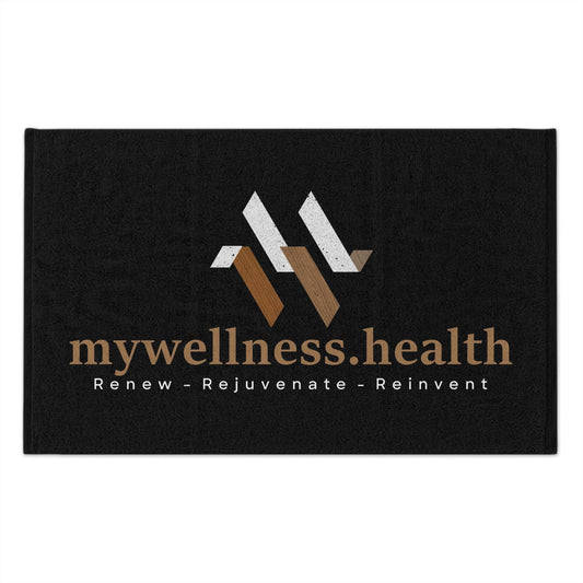 Black dual-texture polyester cotton towel, 11x18 inches, branded mywellness.health for bath or sports use