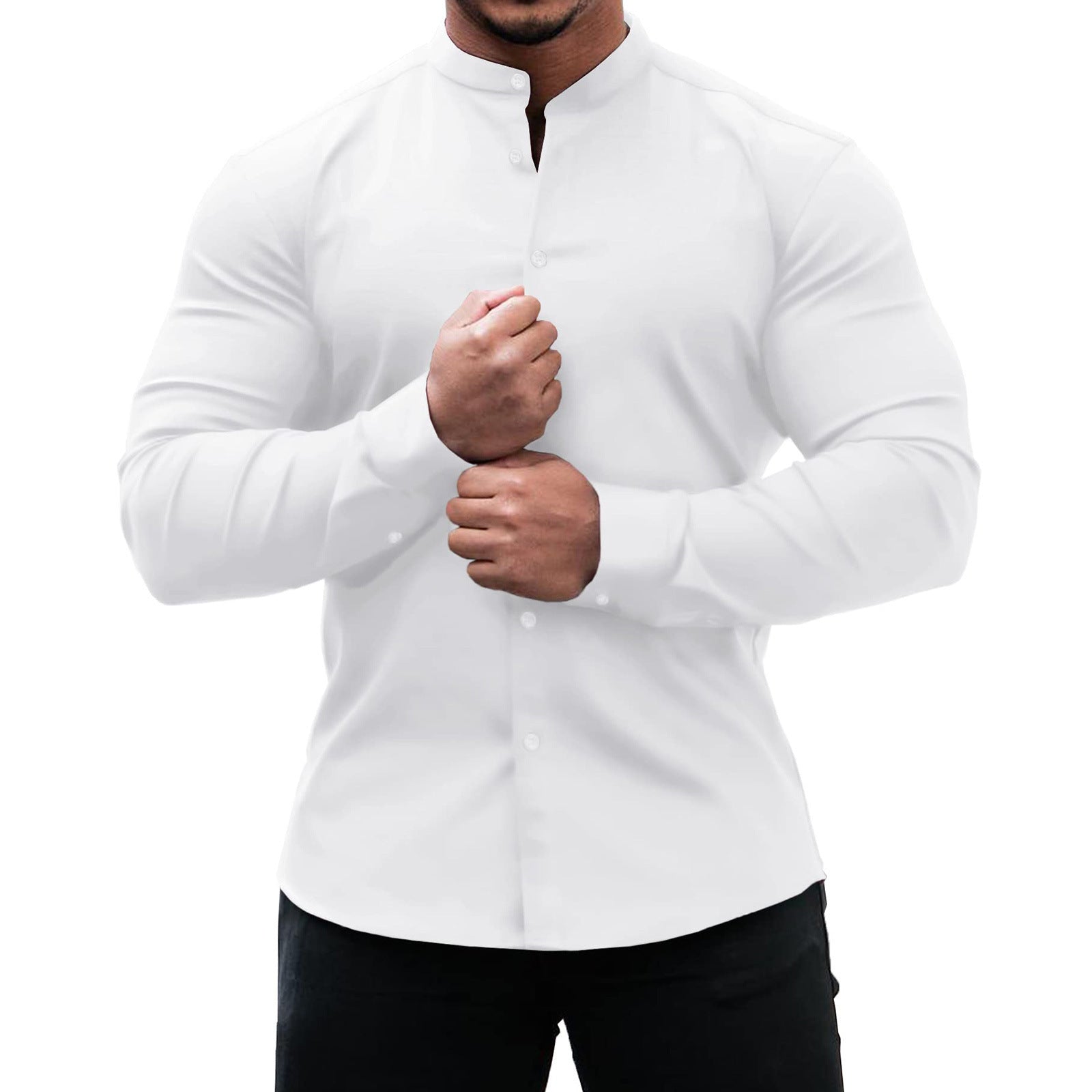 White slim fit polyester long sleeve mandarin collar shirt for men by My Store