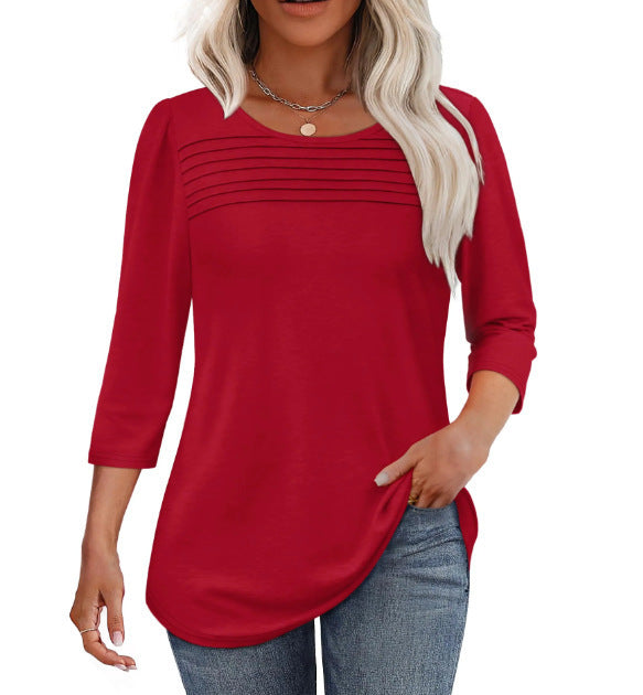 Soft Pleated 3/4 Sleeve Top - Polyester Blend Round Neck Pullover