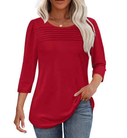 Soft Pleated 3/4 Sleeve Top - Polyester Blend Round Neck Pullover