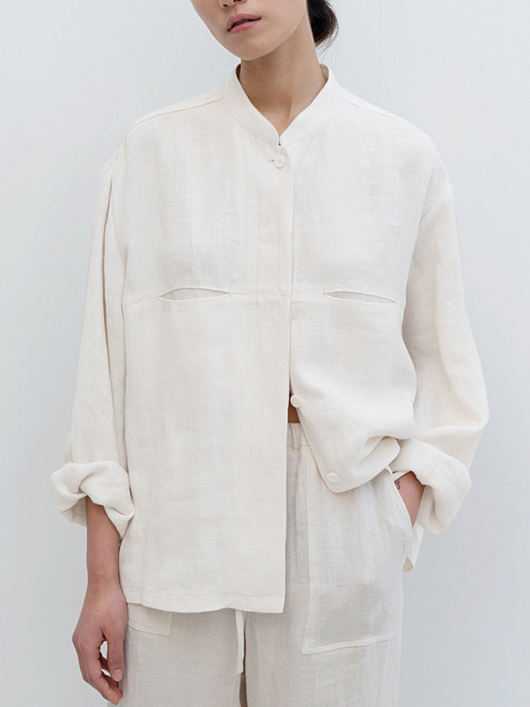 White pure linen pocket shirt by Alabaster, featuring a casual-elegant design in breathable fabric.