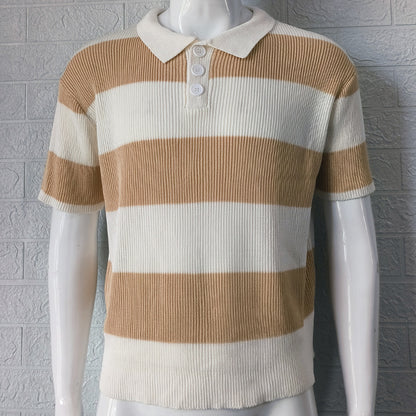 Grey striped knit polo shirt with acrylic lapel collar and short sleeves by My Store