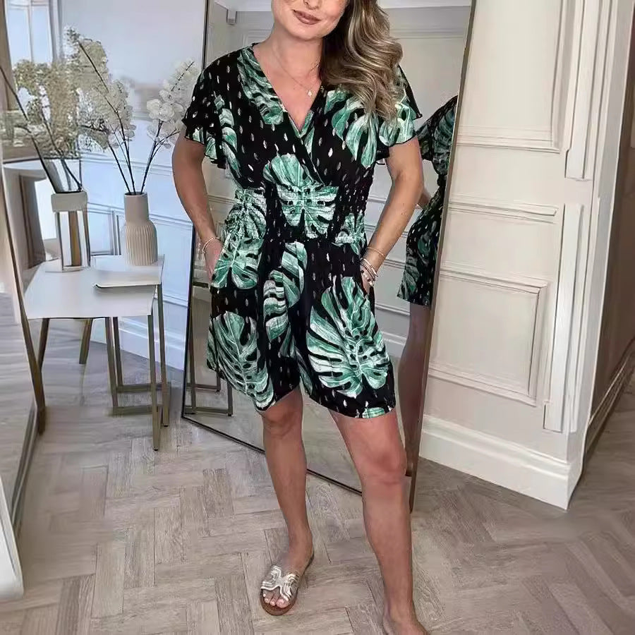 Lightweight Tropical Leaf Print Jumpsuit - V-Neck Summer Romper