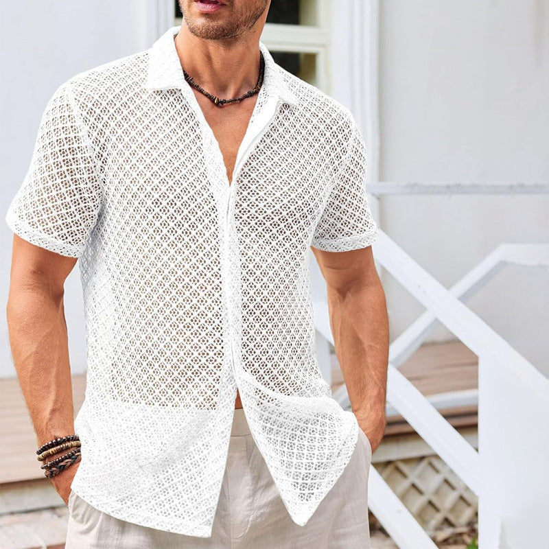 Summer Mesh Lapel Short Sleeve Shirt