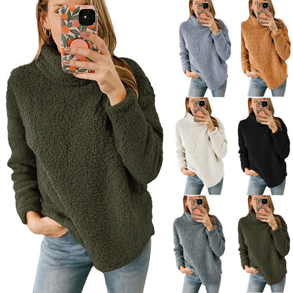 Light gray thick polar fleece turtleneck pullover by Alabaster, featuring a high collar for winter comfort.