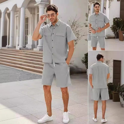 Summer Two-Piece Suit for Men – Short Sleeve Shirt & Drawstring Shorts