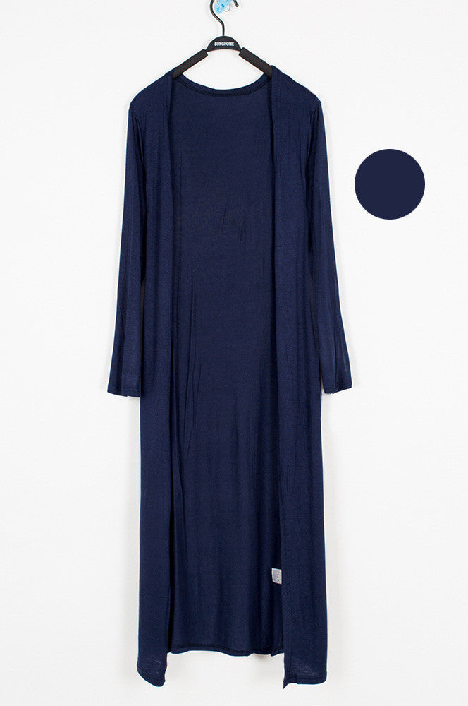Lightweight black modal drape cardigan with open front and long sleeves, by Alabaster