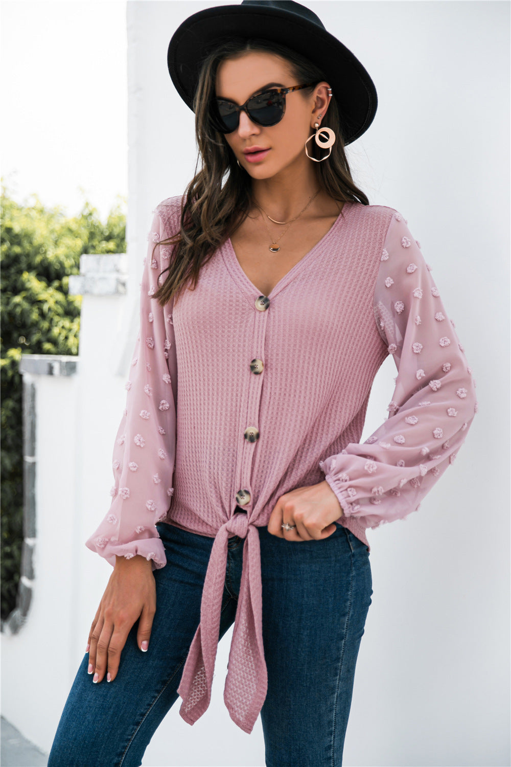 Pink tie-front puff sleeve button blouse by Alabaster, featuring a casual boho style