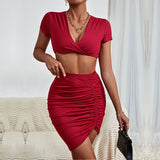 Wine Red Ruched 2-Piece Skirt Set