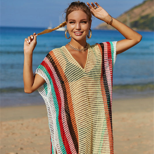 Rainbow Stripe Cotton Bikini Cover Up - Beach Mesh Knit Tunic