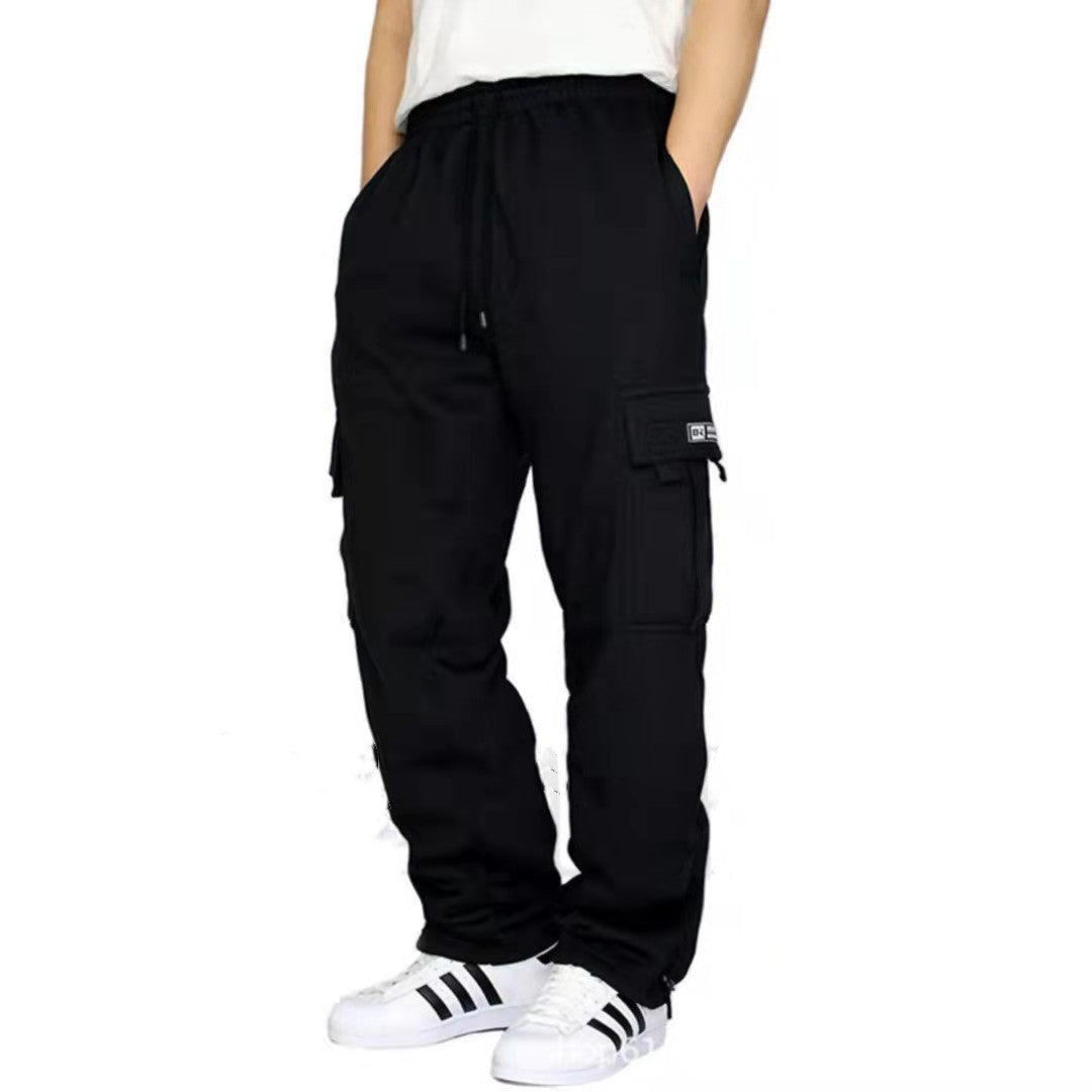 Red elastic waist cargo joggers from My Store, featuring breathable fabric and casual style.