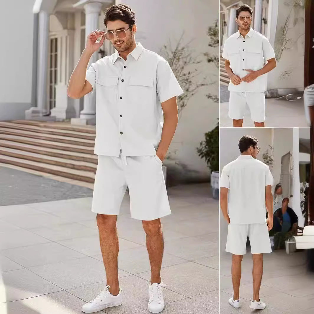 Summer Two-Piece Suit for Men – Short Sleeve Shirt & Drawstring Shorts