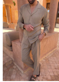 Beige cotton long sleeve lapel shirt paired with slim fit pants, perfect for autumn business-casual wear by My Store.