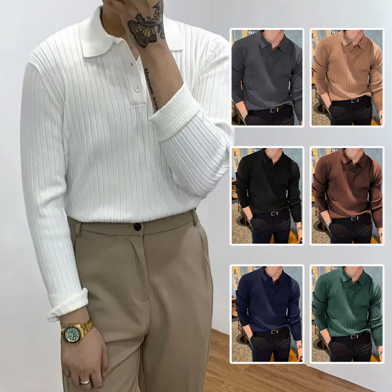 Dark green long sleeve slim fit ribbed knit polo by My Store, perfect for business casual or date nights.