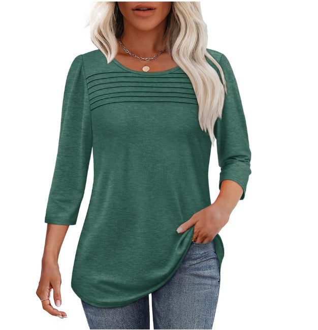 Soft Pleated 3/4 Sleeve Top - Polyester Blend Round Neck Pullover