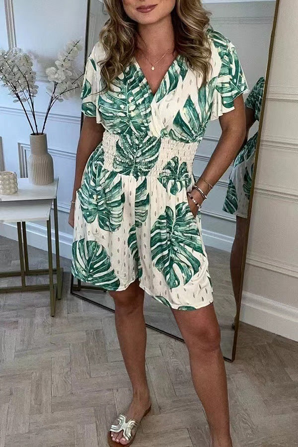 Lightweight Tropical Leaf Print Jumpsuit - V-Neck Summer Romper