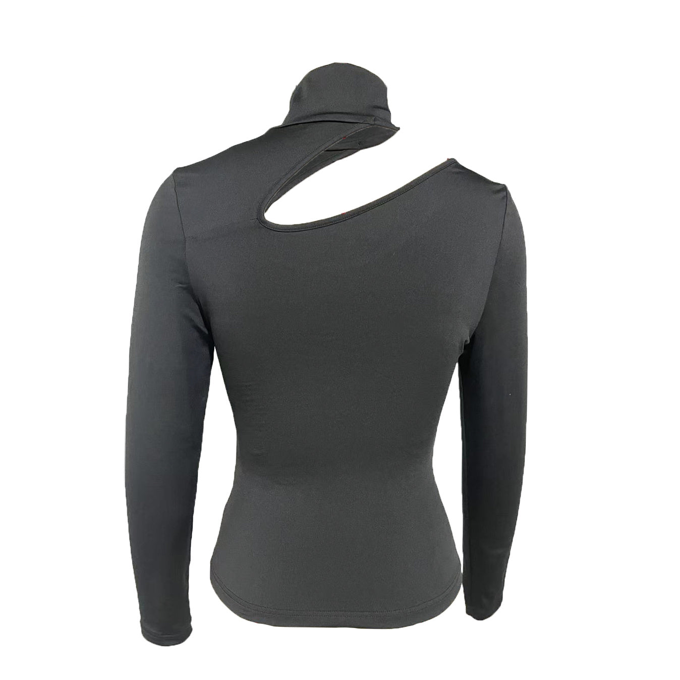 Black slim fit long sleeve turtleneck top with asymmetrical cutout by Alabaster
