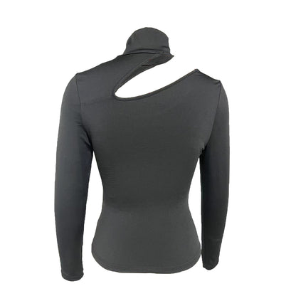 Black slim fit long sleeve turtleneck top with asymmetrical cutout by Alabaster