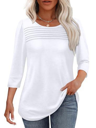 Sky blue soft pleated 3/4 sleeve top in polyester blend by Alabaster