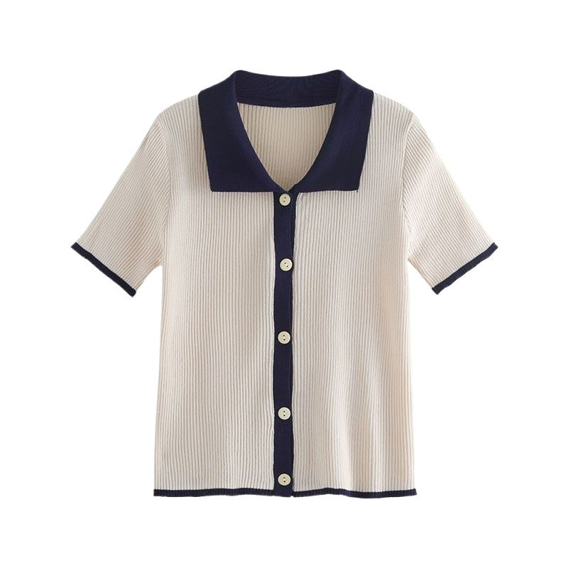 Black ice silk knit top with contrast collar, elegant design by Alabaster, available in sizes S, M, L